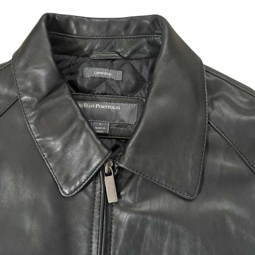 Perry Ellis Portfolio Black Lambskin Leather Bomber Jacket Men's L - Picture 5 of 14